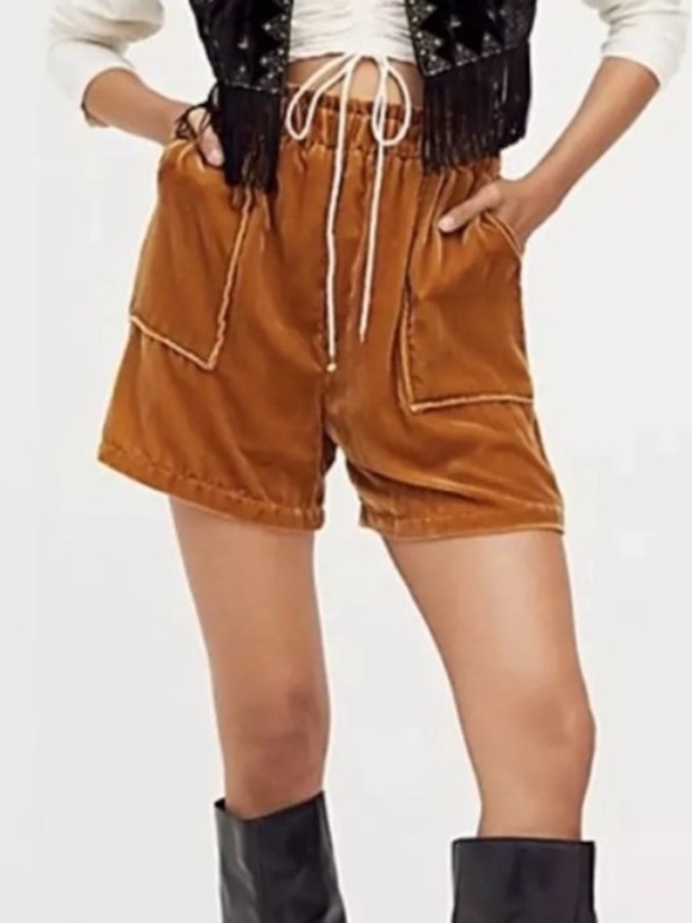 NWT Jen’s Pirate Booty Free People Gold Mustard Brown Silk Velvet Shorts M